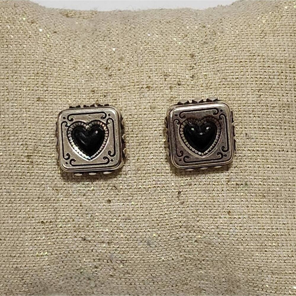 Brighton vintage retired square scrolled black heart post‎ stud earrings